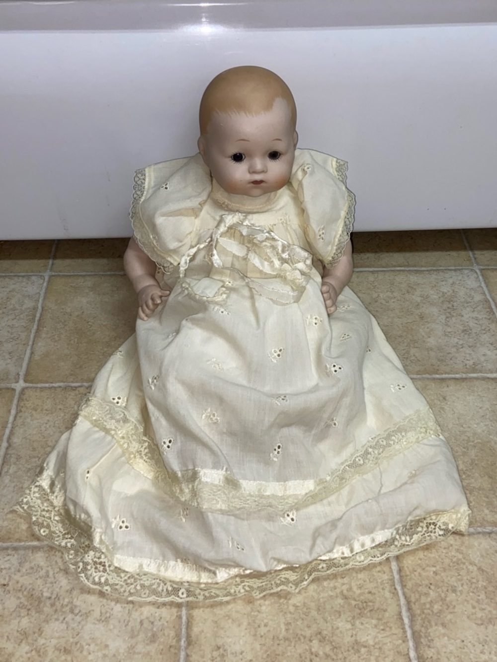 Antique Collectors Christening Doll with Lace Gown - Classic Baby Toy